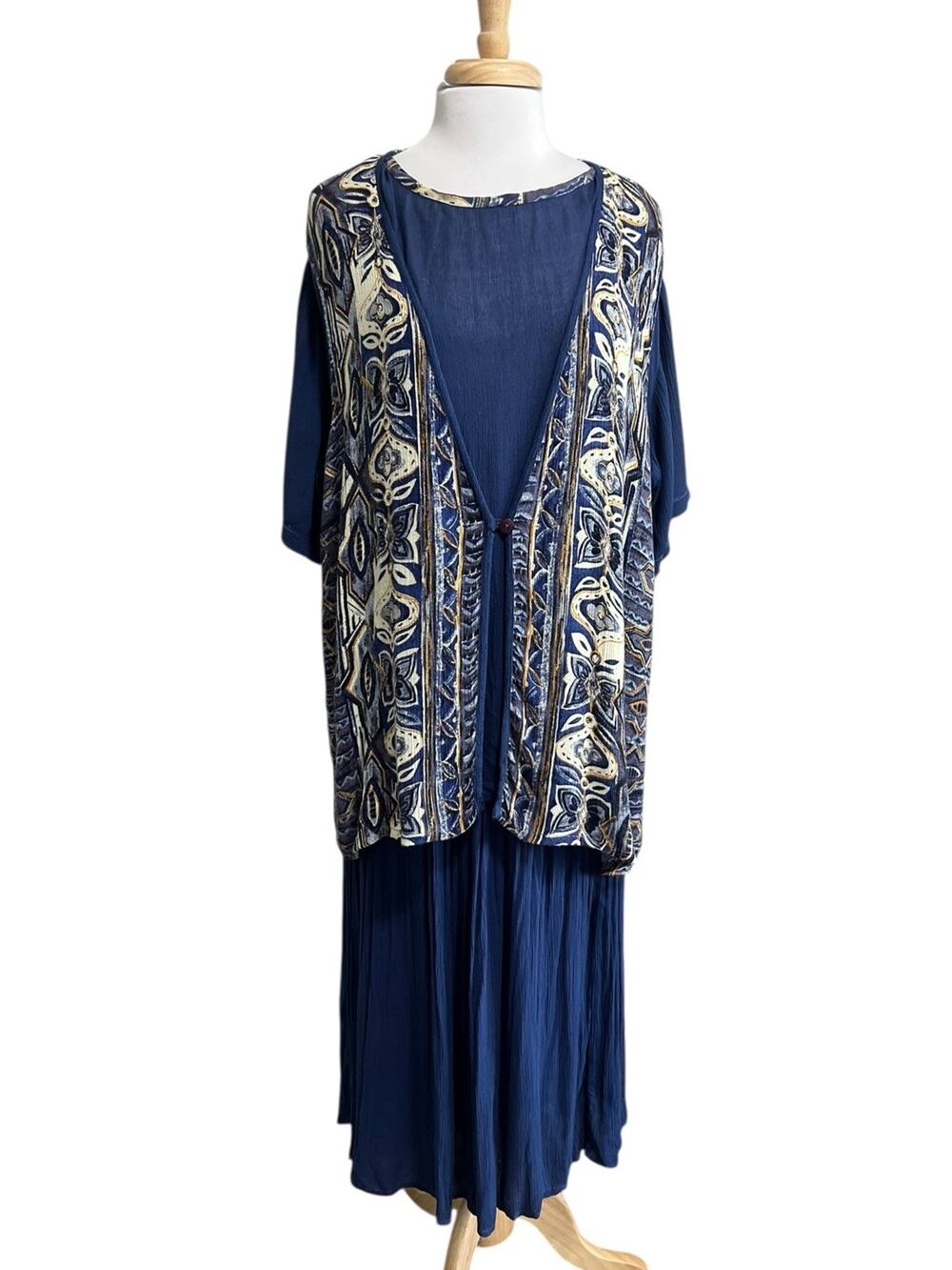 Artsy Boho Lagenlook Rayon 2pc Set Vest Tunic & Maxi Skirt sz L Summer Travel